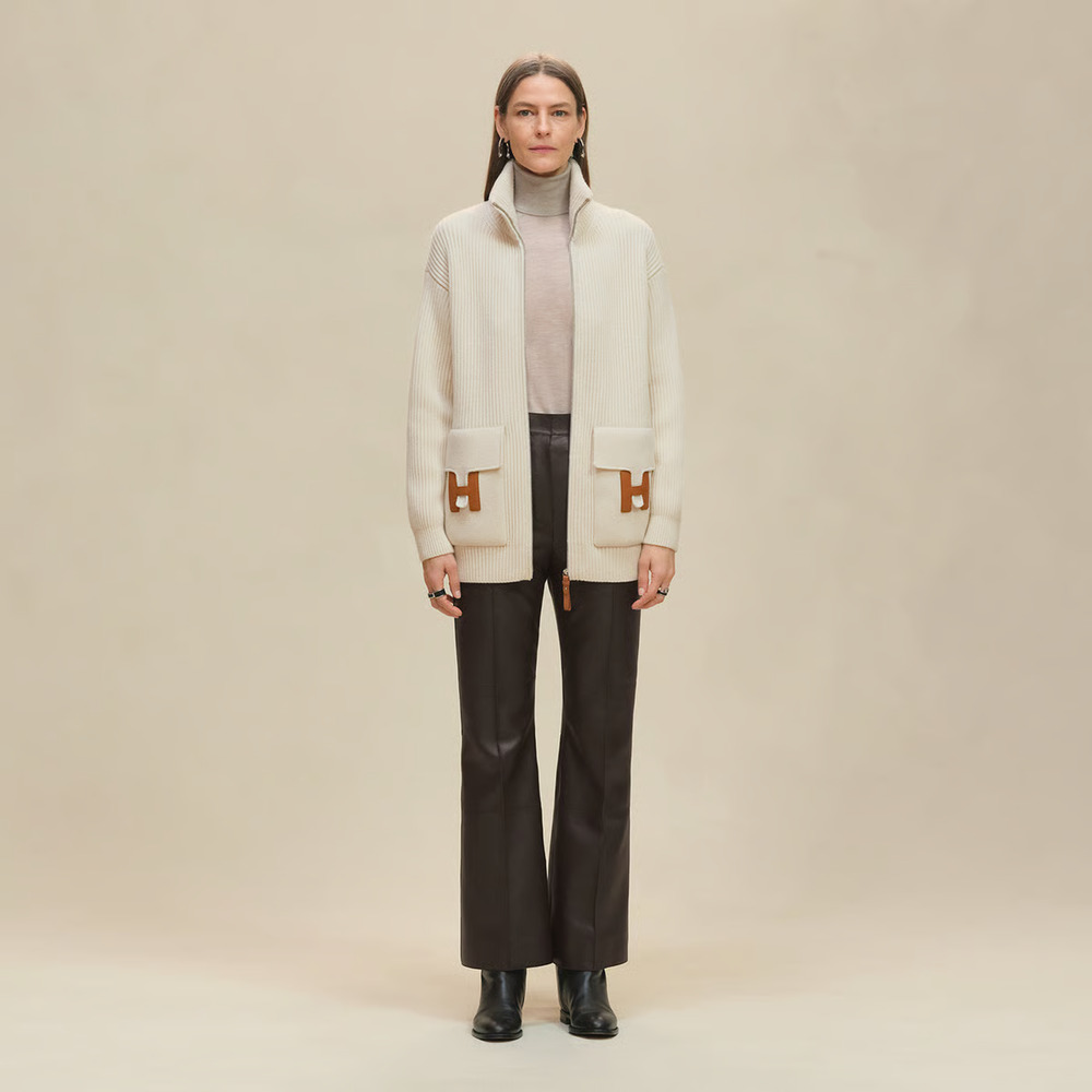 Hermes H Pocket Logo Blanc Zip Up Zipper Cardigan Sweater Wool Knit Jacket 38 - Picture 3 of 16